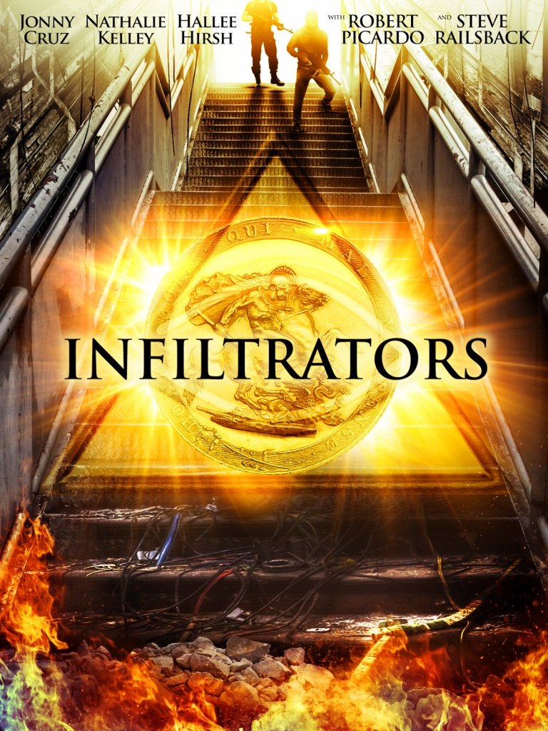 Infiltrators poster: two armed figures at the top of a stairway above a glowing gold medallion, with fire and rubble below